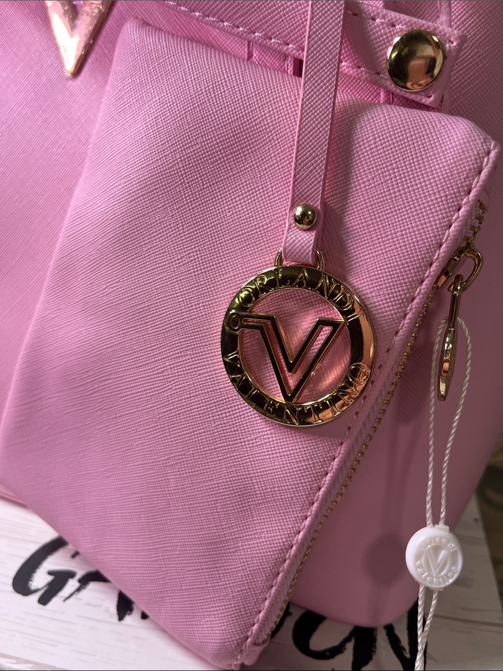 Valentino Orlandi Pastel Pink Tote with Matching Pouch and Gold Accent V charm - Picture 2 of 16